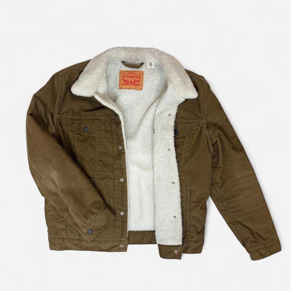 Levis Corduroy Sherpa Lined Trucker Jacket Olive Brown Mens Size L